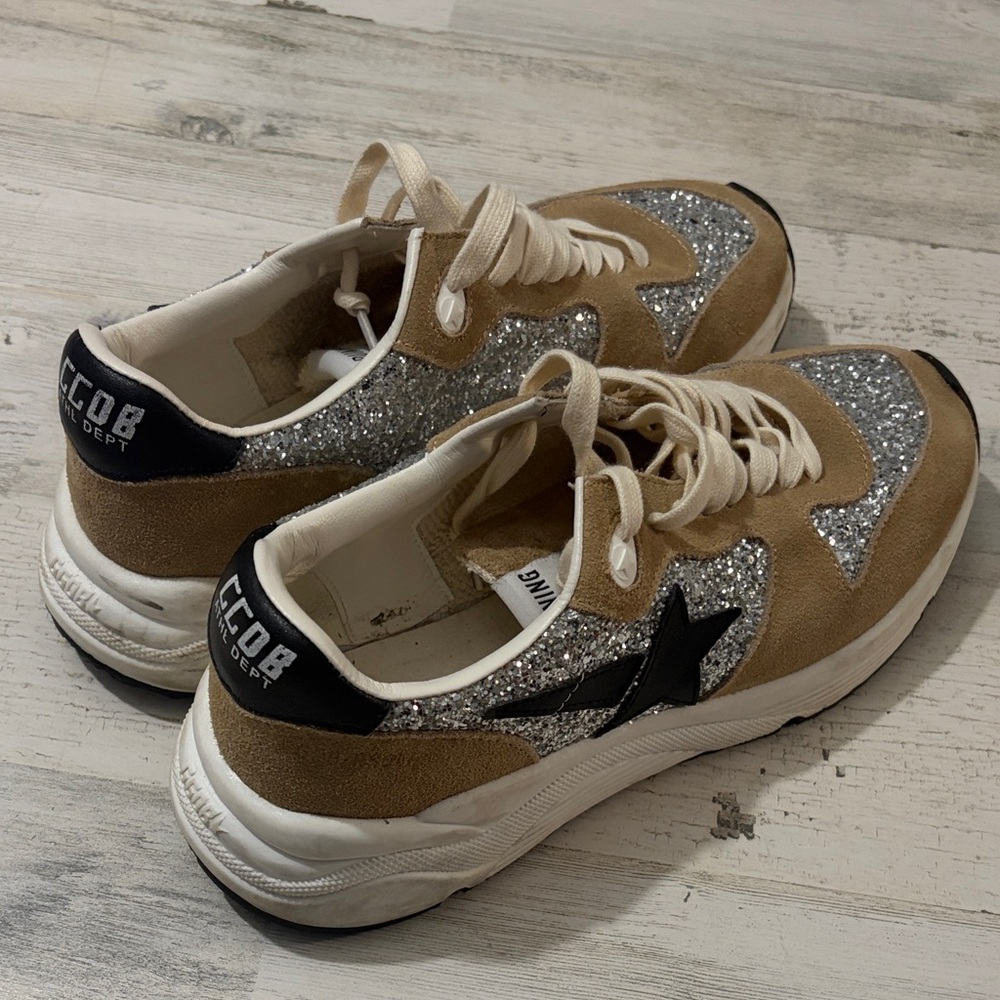 Golden Goose Tan and Silver Glitter Sneakers - Picture 3 of 16